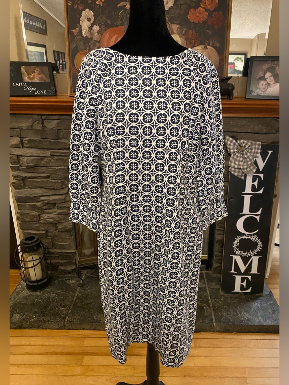 Boden Kate Linen Navy and White Geometric Midi Shift Dress